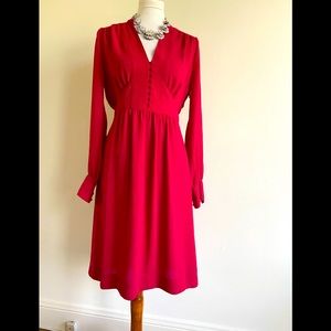 BCBG Red Long-Sleeve V-Neck Midi Dress